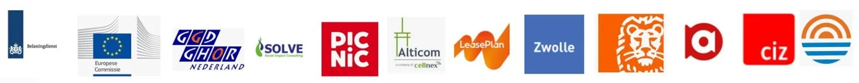 Logos of organizations Joyce Dijkslag has worked with: Belastingdienst, European Commission, GGD GHOR Nederland, SOLVE, Picnic, Alticom, LeasePlan, Gemeente Zwolle, ING, Achmea, CIZ