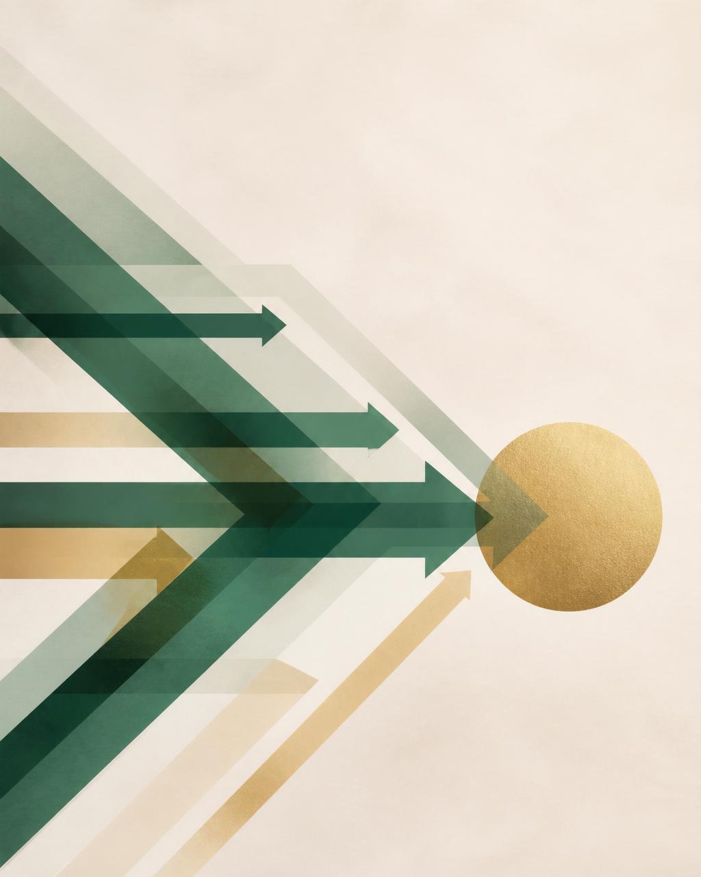 Editorial illustration of green arrows converging on a gold target, symbolising JD Impact Consulting's approach to guiding people and organisations toward a shared goal